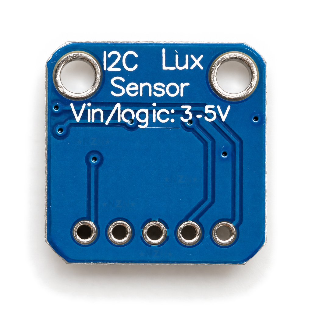 Underside of the VEML7700 board marked I2C Lux Sensor, Vin/logic 3-5V, with two mounting holes