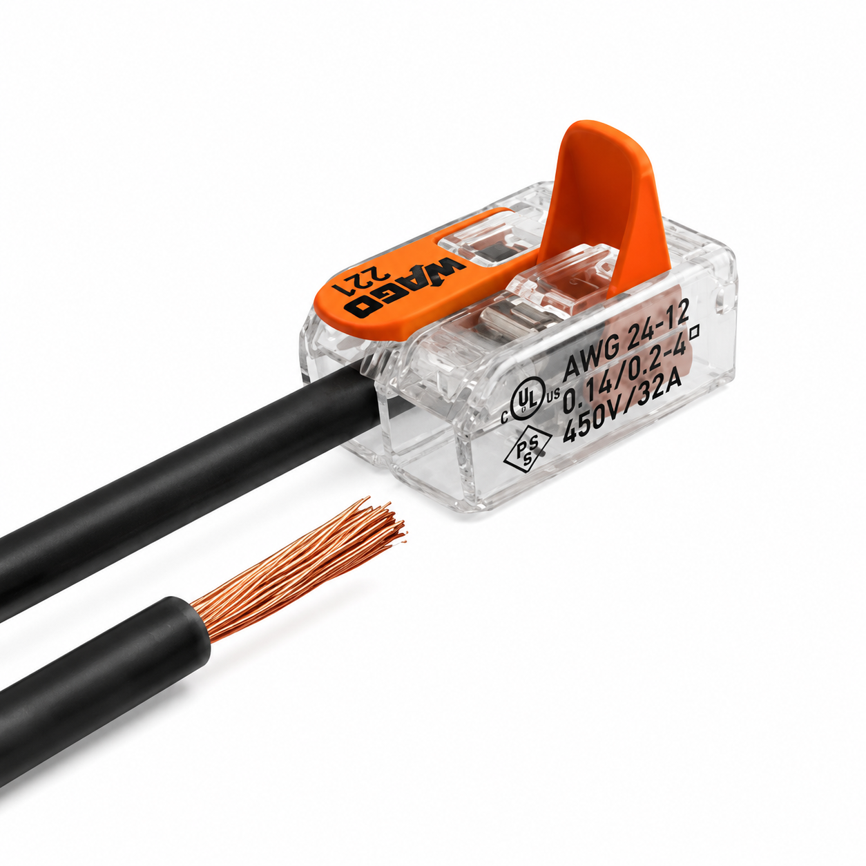 WAGO 221-412 connector joining two wires with lever open