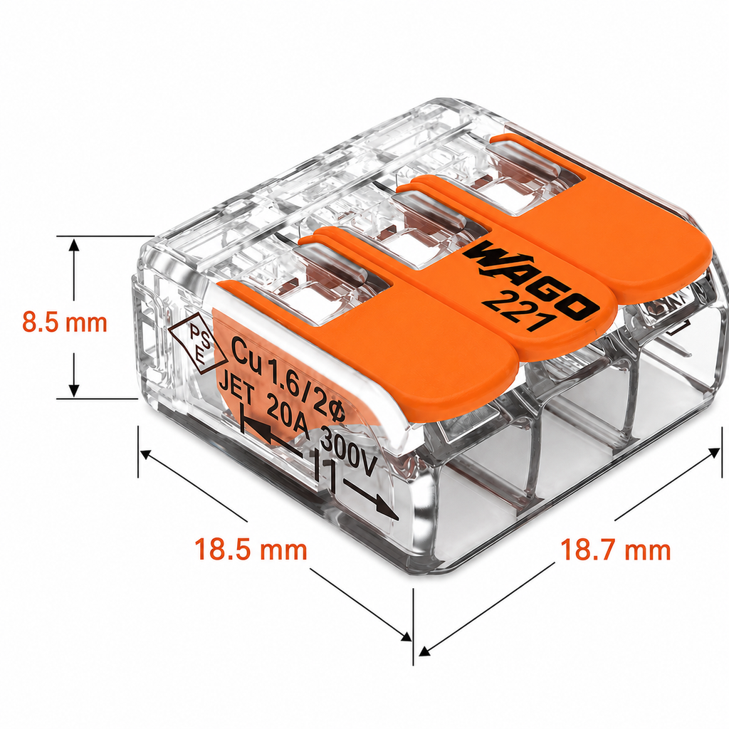 WAGO 221-413 dimensions 18.7 x 18.5 x 8.5 mm