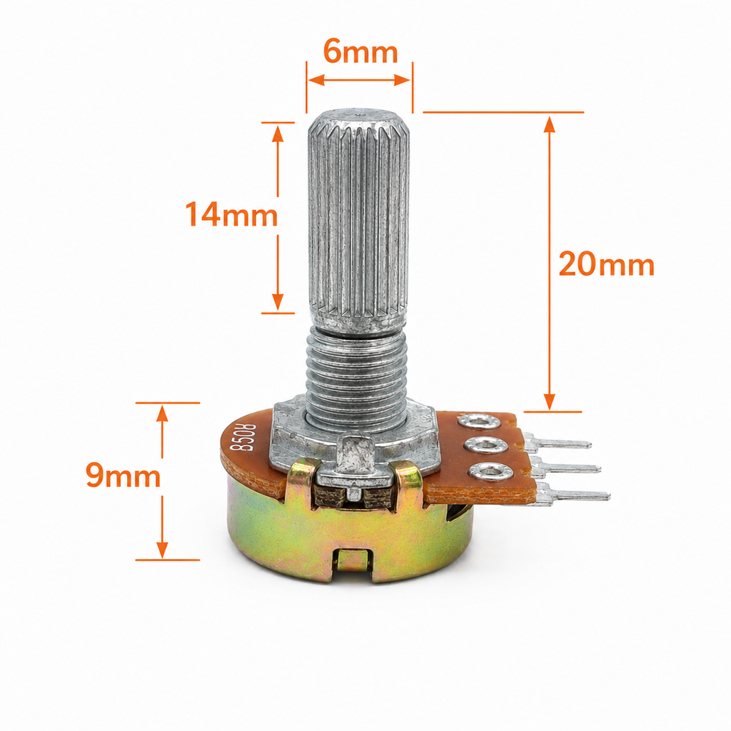 WH148 20mm shaft potentiometer dimensions diagram, 6mm knurled shaft, 16mm body
