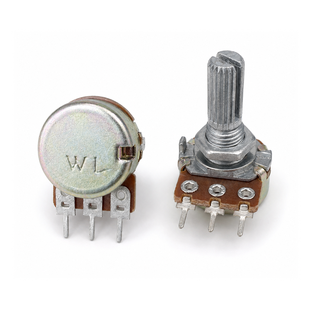 Front and back views of the WH148 B10K 20mm shaft potentiometer; sold individually