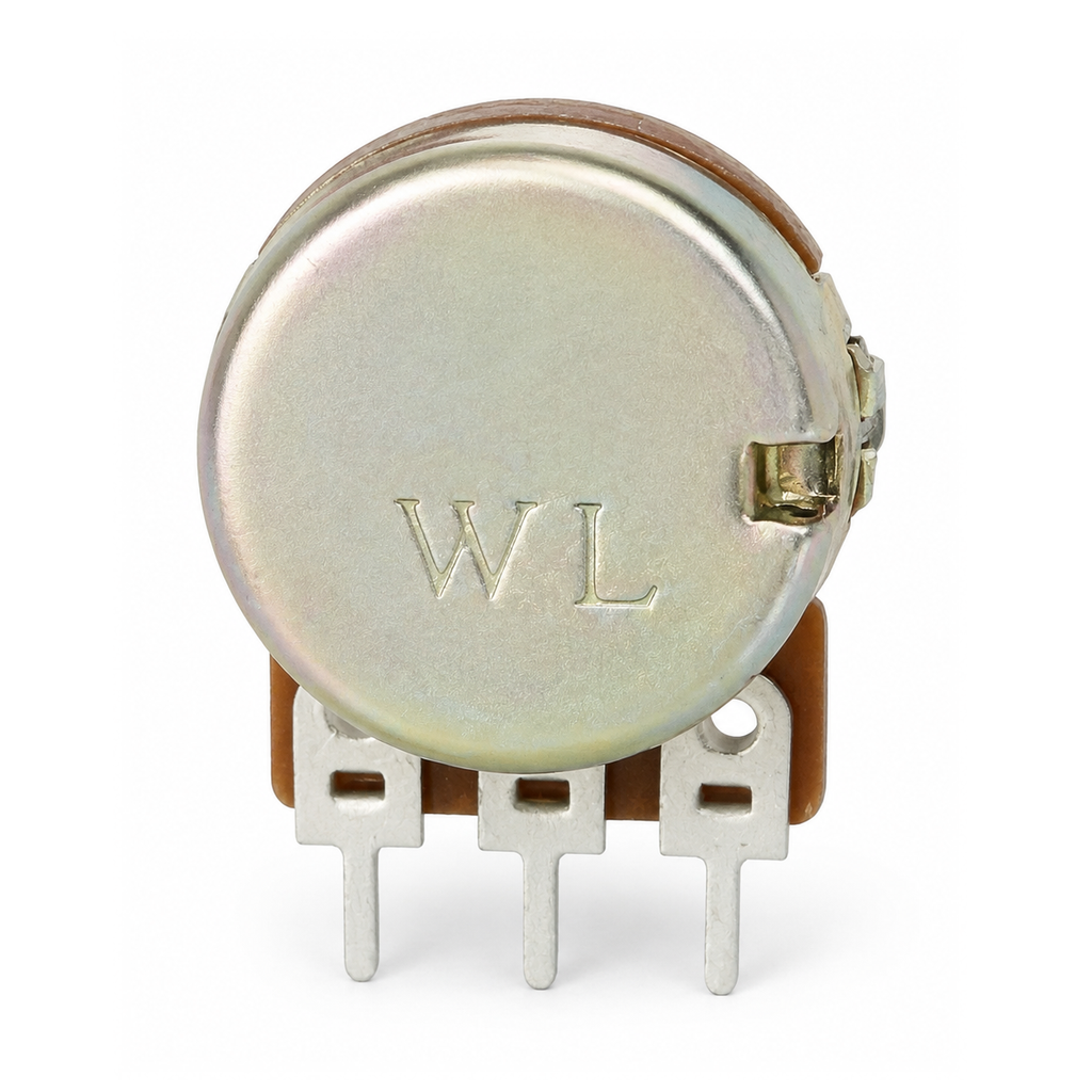 Rear of the WH148 20mm potentiometer showing the WL stamp, retaining clip and three solder terminals