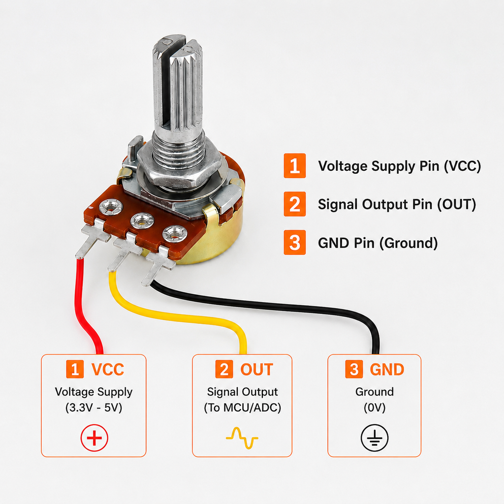 WH148 potentiometer wiring guide: pin 1 VCC, pin 2 wiper output, pin 3 GND for Arduino
