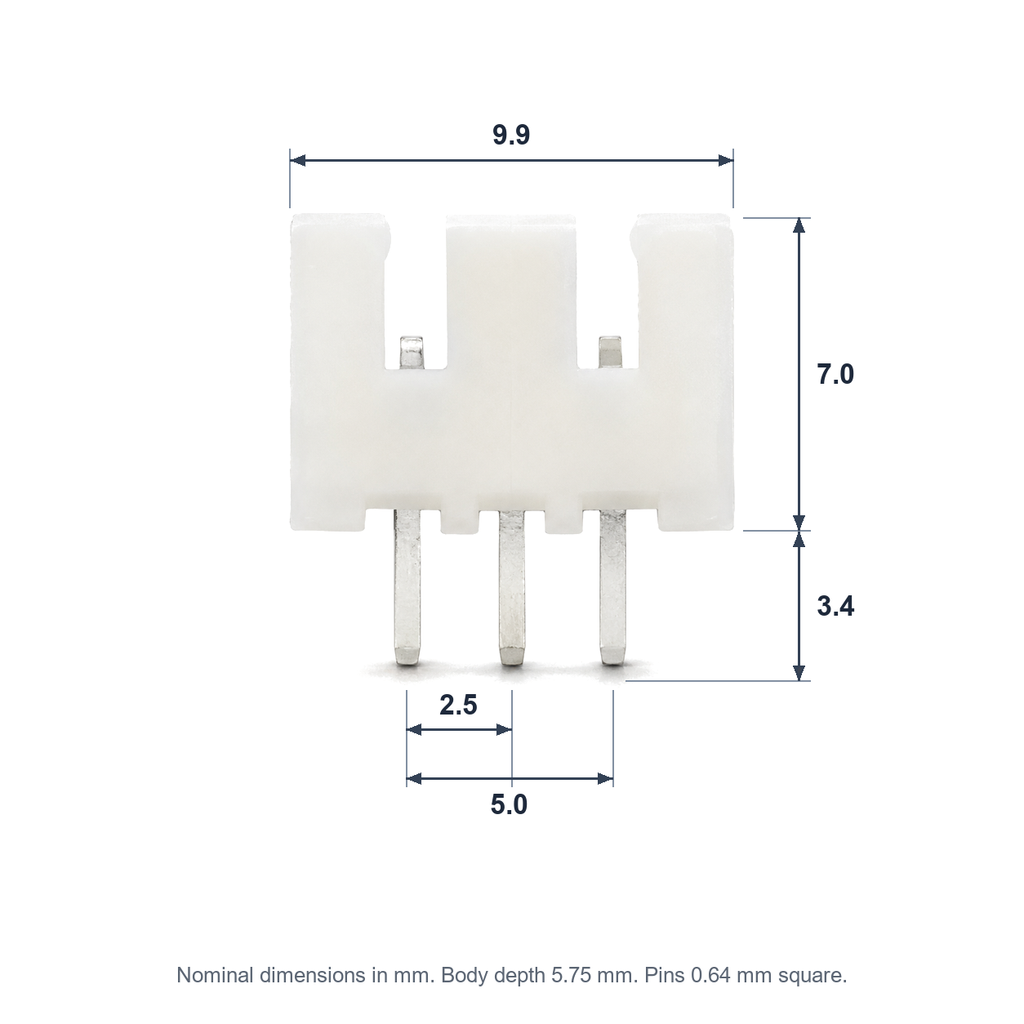 XH 3-pin header dimensions: 9.9 mm long, 7.0 mm tall, 3.4 mm pins at 2.5 mm pitch