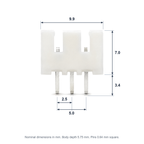 XH 3-pin header dimensions: 9.9 mm long, 7.0 mm tall, 3.4 mm pins at 2.5 mm pitch