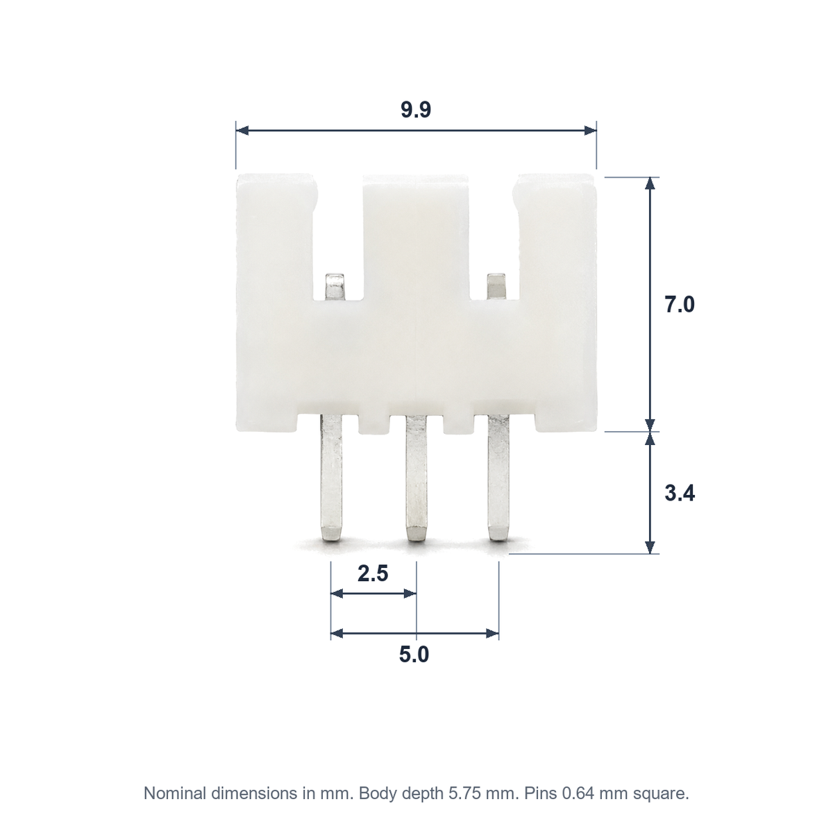 XH 3-pin header dimensions: 9.9 mm long, 7.0 mm tall, 3.4 mm pins at 2.5 mm pitch