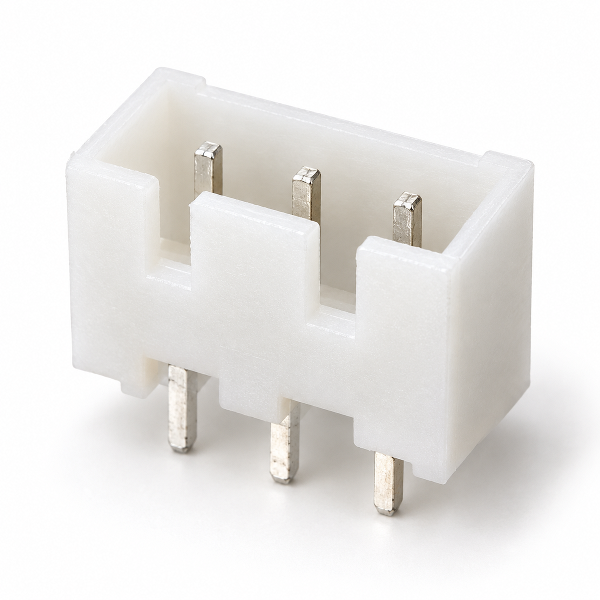 XH 2.5mm 3-pin vertical PCB header with three silver pins inside the white shroud, latch-side wall facing forward