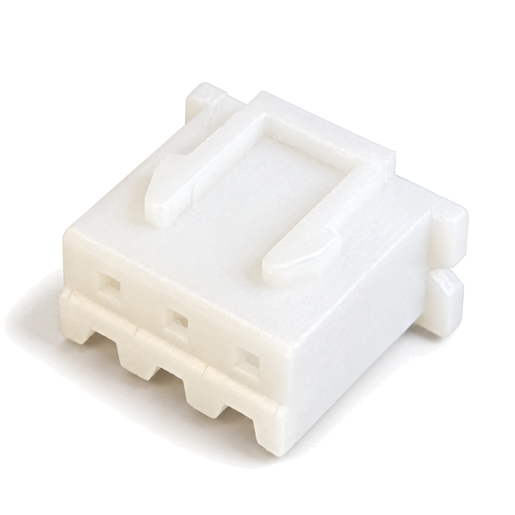 White XH 2.5mm 3-pin wire housing, showing the lock ribs on top and the three pin openings on the front