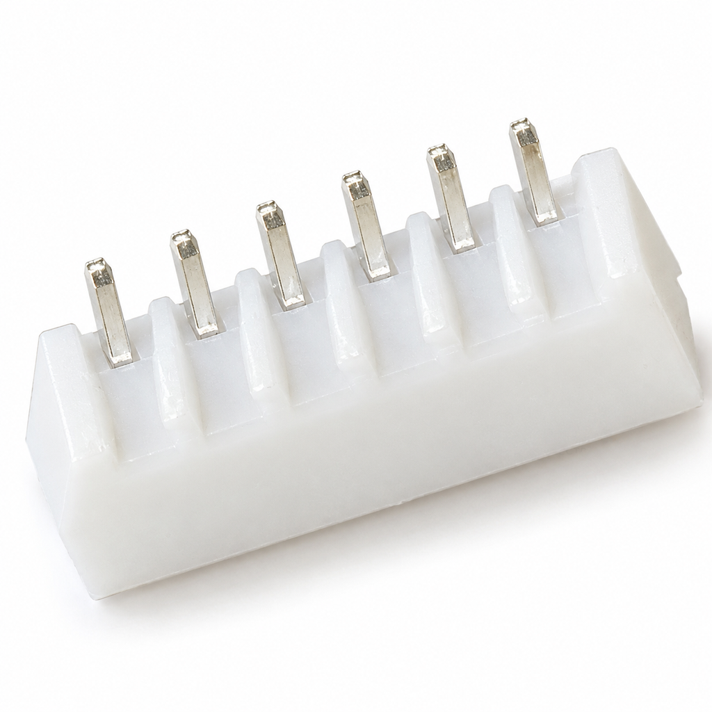 XH 6-pin header upside down, showing the six through-hole solder pins and standoff ribs on the base