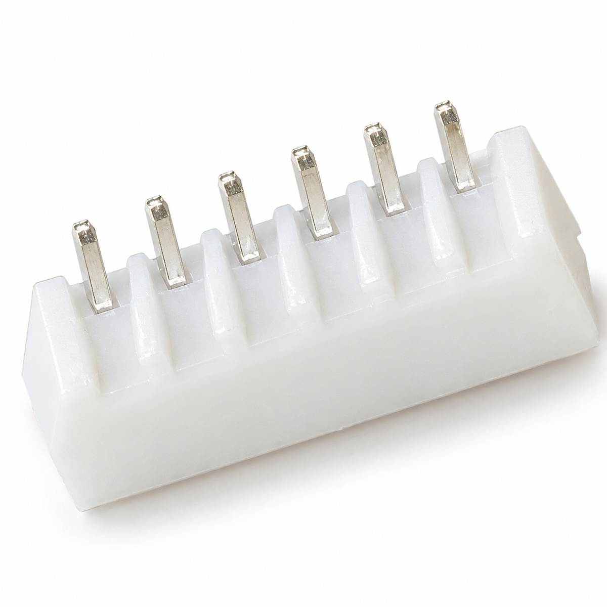 XH 6-pin header upside down, showing the six through-hole solder pins and standoff ribs on the base