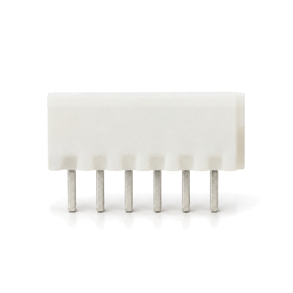 Side view of the XH 6-pin header, plain back wall with the six solder pins in a row underneath