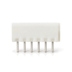 Side view of the XH 6-pin header, plain back wall with the six solder pins in a row underneath