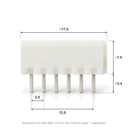 XH 6-pin header dimensions: about 17.4mm long, 7mm body height, 3.4mm solder pins, 2.5mm pitch, 12.5mm pin span