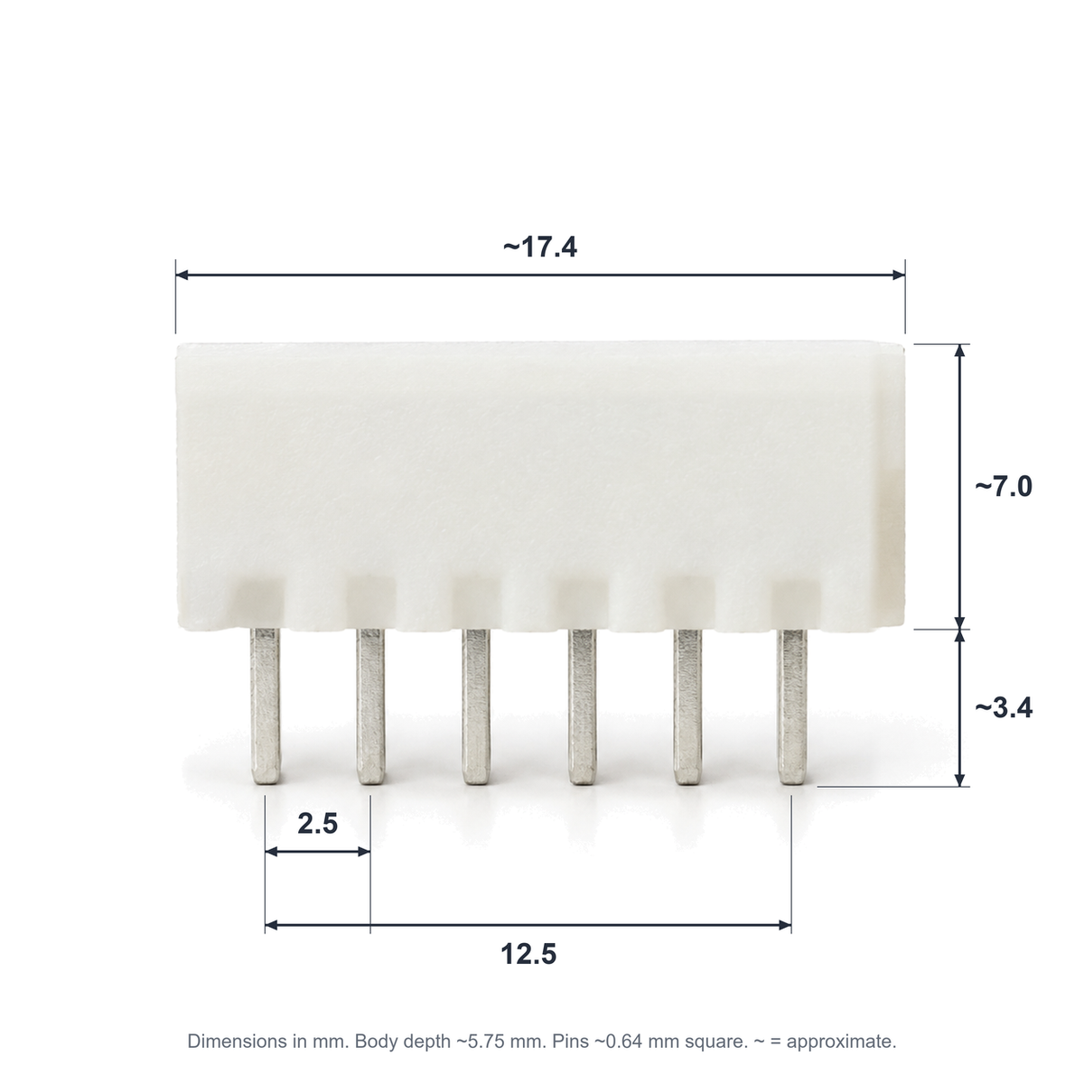 XH 6-pin header dimensions: about 17.4mm long, 7mm body height, 3.4mm solder pins, 2.5mm pitch, 12.5mm pin span