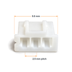 XH 3-pin housing dimensions: 9.8mm wide across the flange with a 2.5mm pin pitch