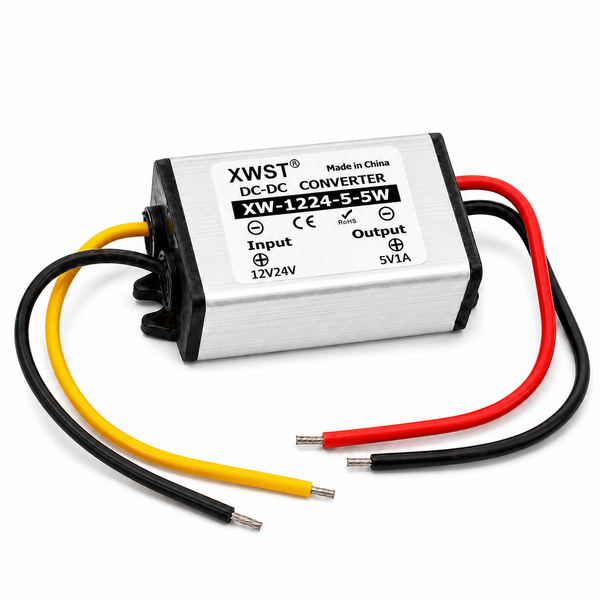 XWST IP67 waterproof buck converter with pre-attached 12-24V input and 5V output leads